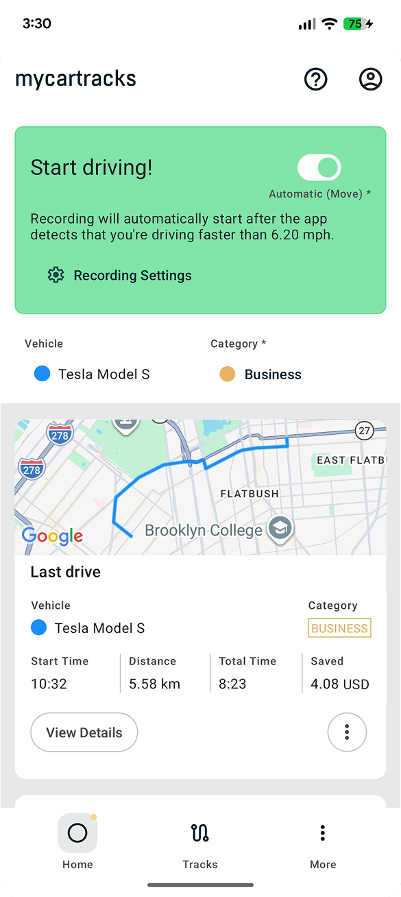 MyCarTracks mobile app home screen.