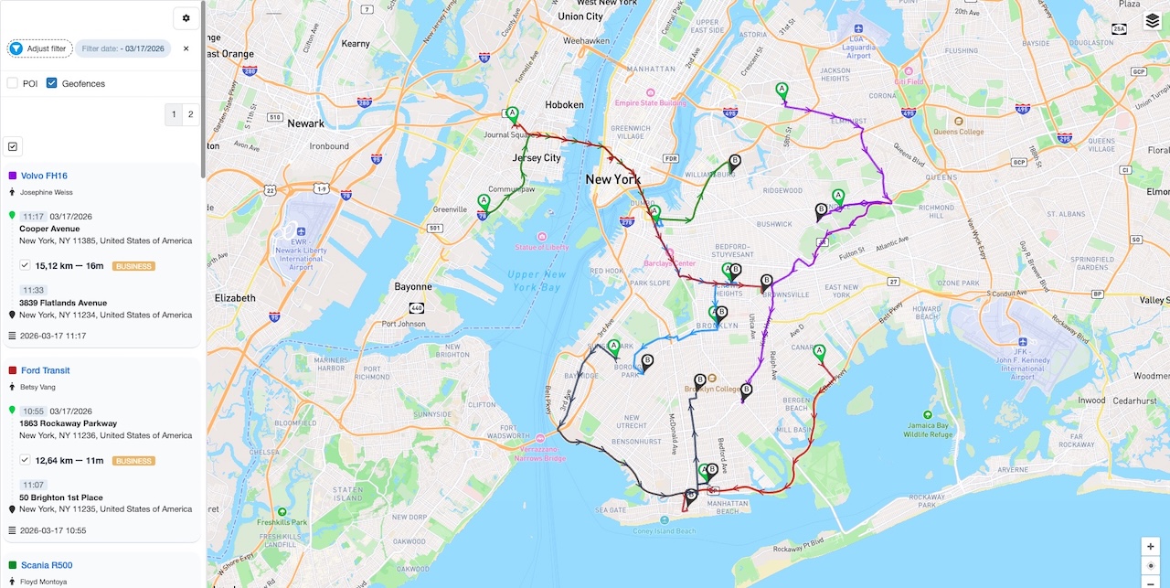 Tracks list in MyCarTracks web dashboard