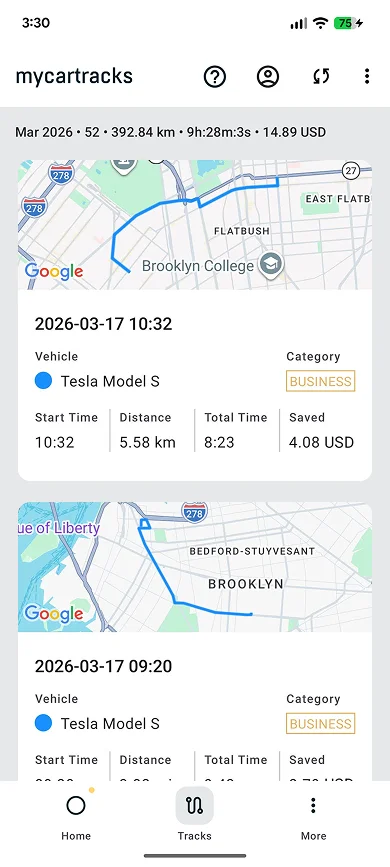 MyCarTracks mobile app showing tracked mileage and trip details