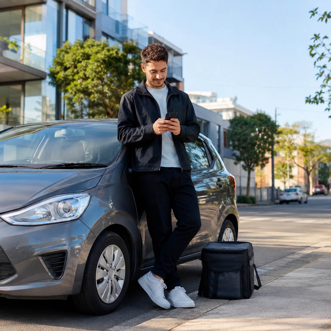 Driver using a smartphone in a car for gig work.