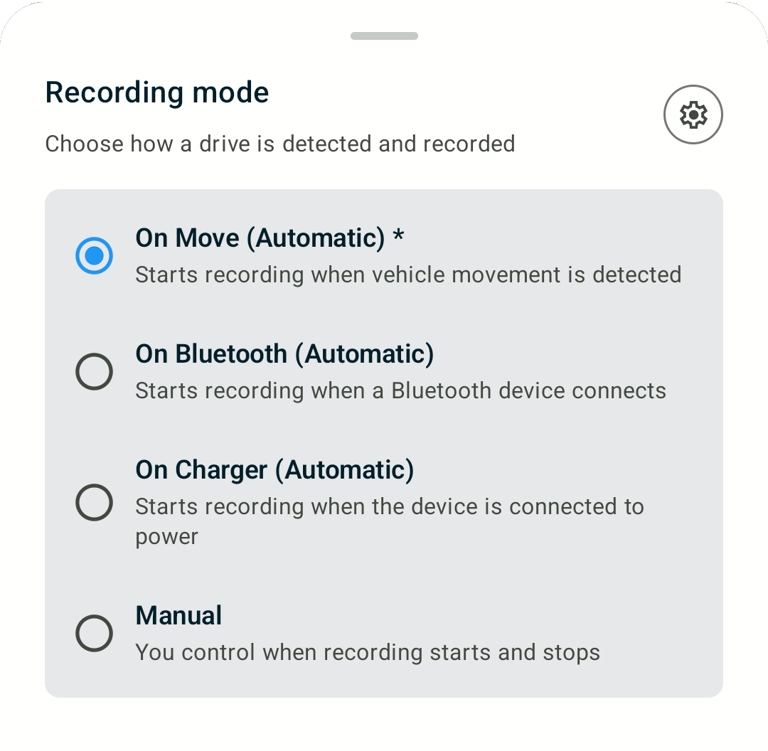 MyCarTracks recording mode screen showing automatic, Bluetooth, charger, and manual trip capture options