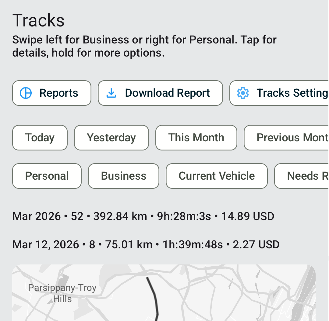 MyCarTracks tracks screen with report export controls and mileage entries for recorded trips