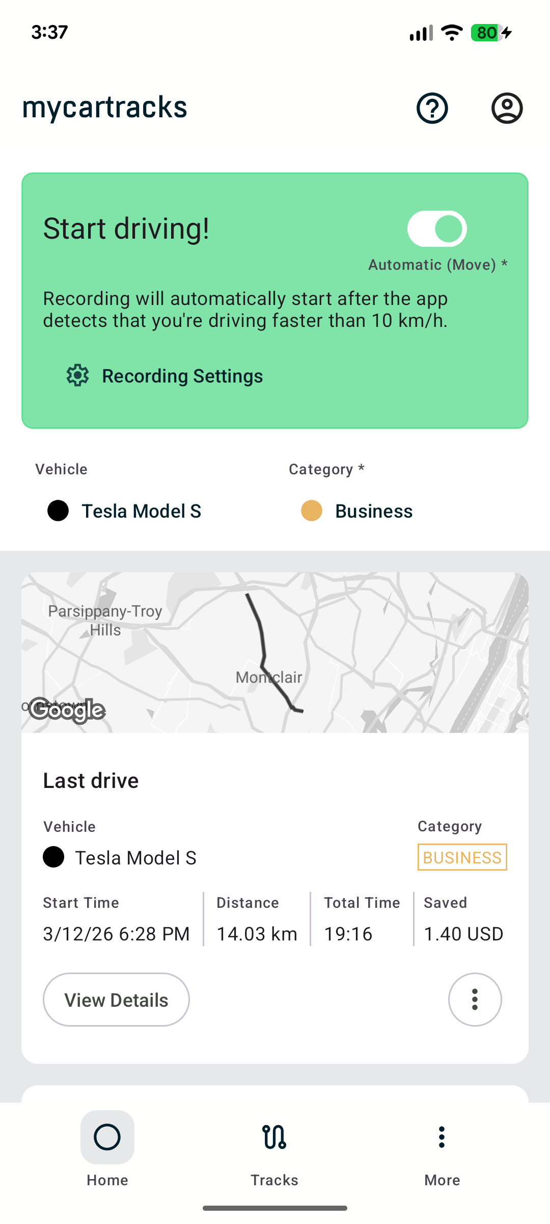 MyCarTracks dashboard screen showing start driving controls and summary cards