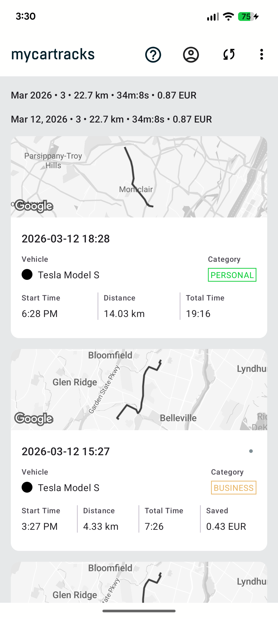 MyCarTracks tracks screen showing recorded trip history and map previews