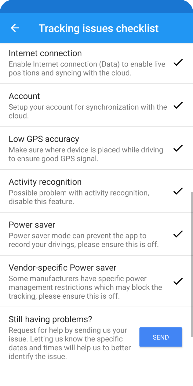 MyCarTracks Device Conditions Tracking Checklist